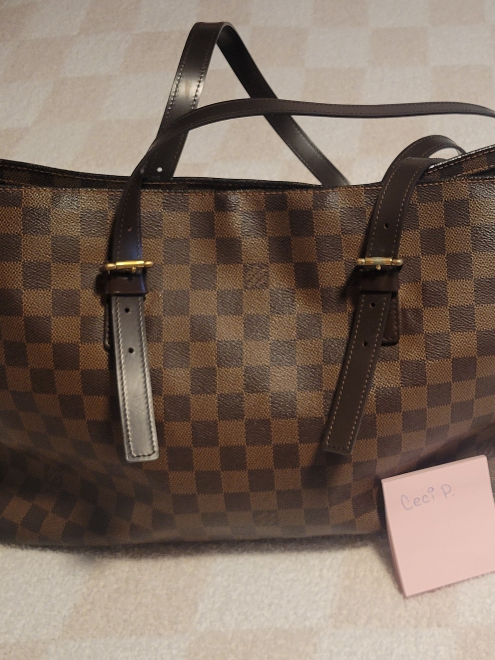Louis Vuitton Brown Damier Ebene Tote with Dark Brown Straps